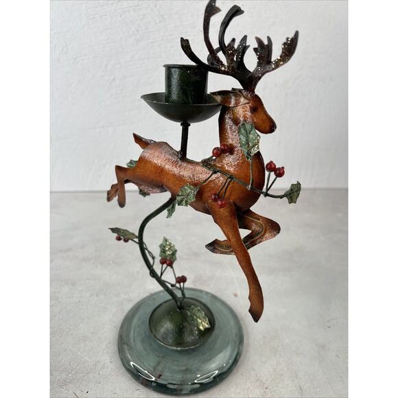 Vintage Handmade Metal Reindeer Glass Base Candle Holder 10.5”HX 7”W Phillipines - Picture 6 of 10